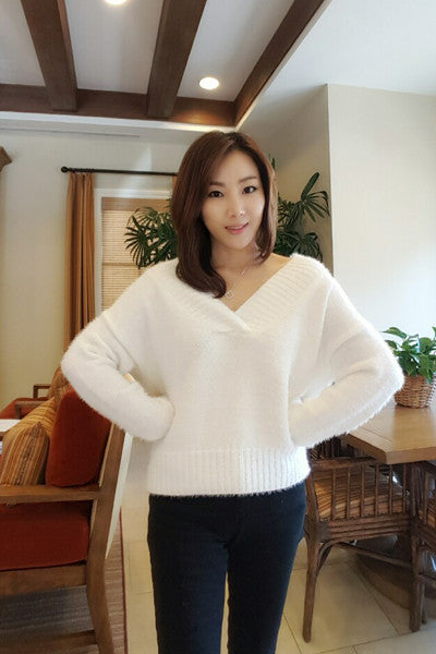 V Neck Snow White Sweater