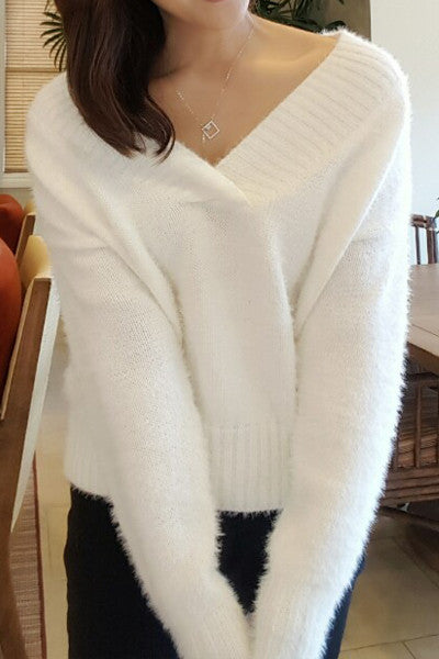 V Neck Snow White Sweater