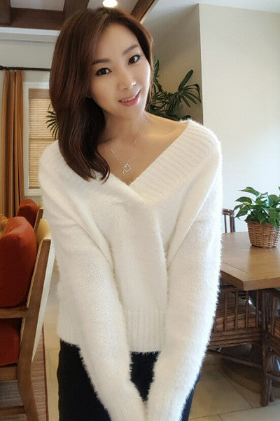 V Neck Snow White Sweater