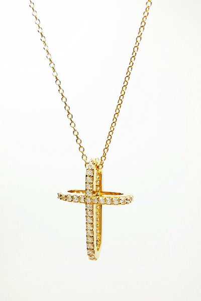 925 Sterling Silver Gold Rhodium Plated Classic Cubic Zirconia Cross Neckace