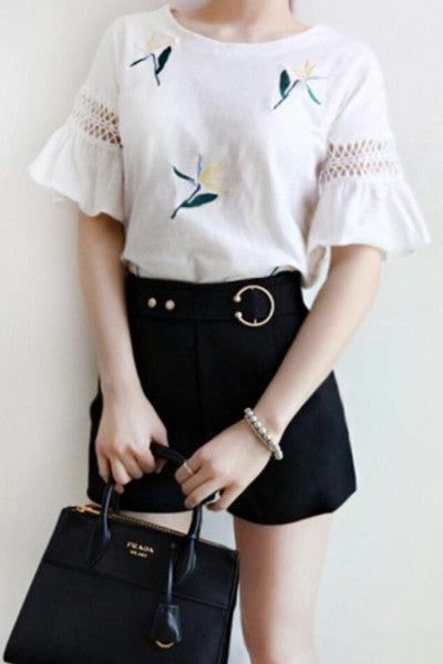 Flower Embroidery Bell Sleeve Top