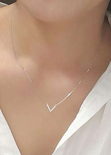 925 Sterling Silver Cross Cubic Zirconia "V " Chain Necklace