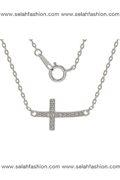 925 Sterling Silver Cubic Zirconia Sideways Cross Pendant 16"-18"